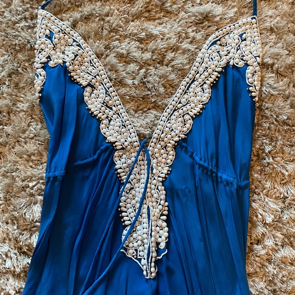 Blue Halter Rhinestone Drawstring Maxi Dress - image 3